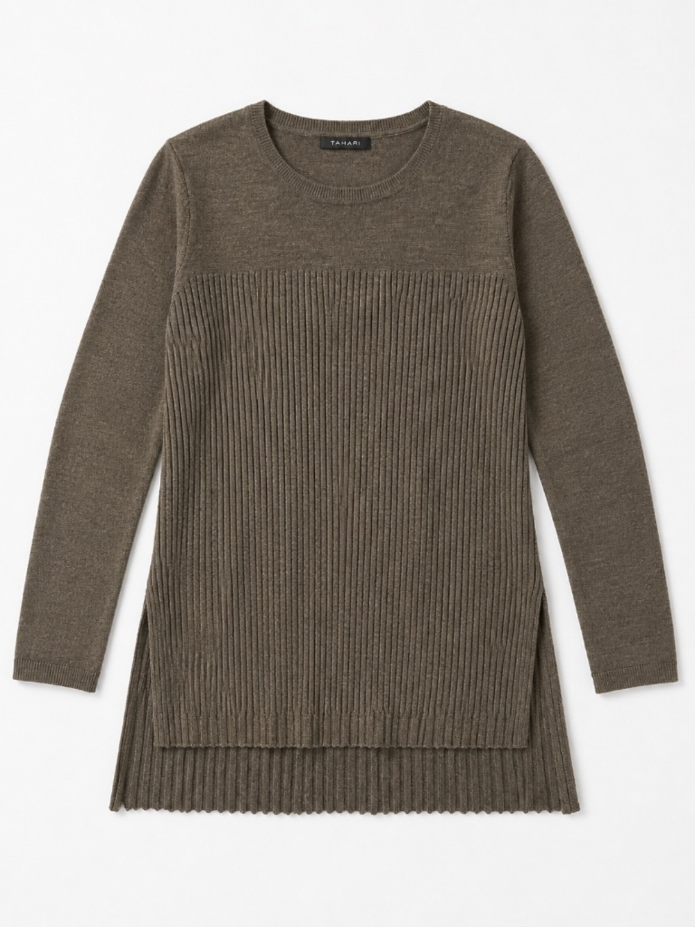 Tahari 100% Extrafine Merino wool sweater L khaki hi/low old money luxury office